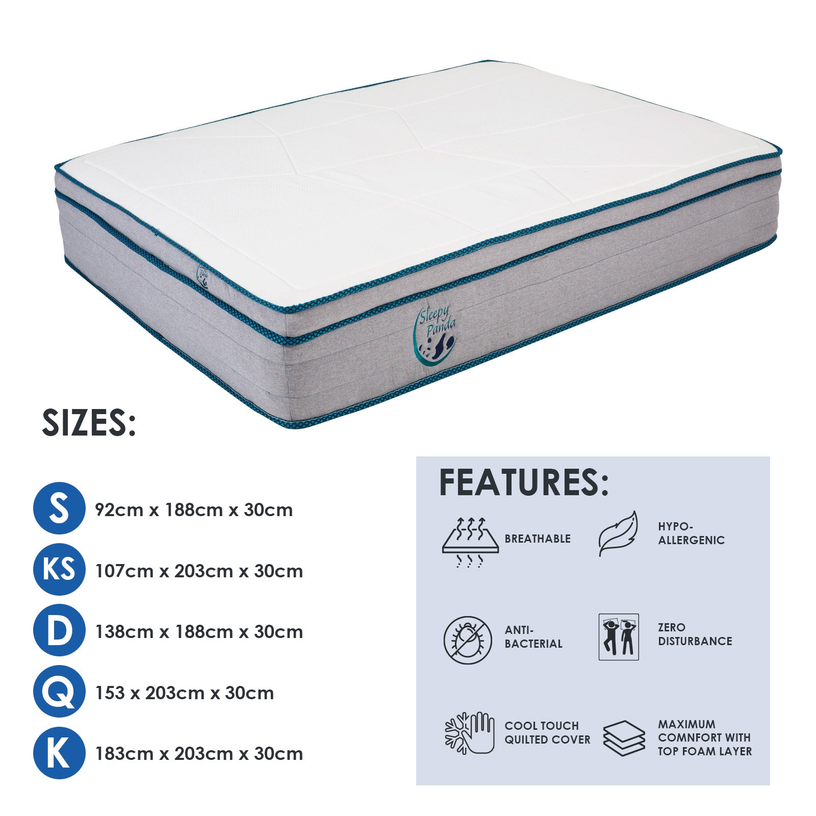 Sleepy Panda Mattress 5 Zone Pocket Spring EuroTop Medium Firm 30cm Thickness - King Single - White  Grey  Blue