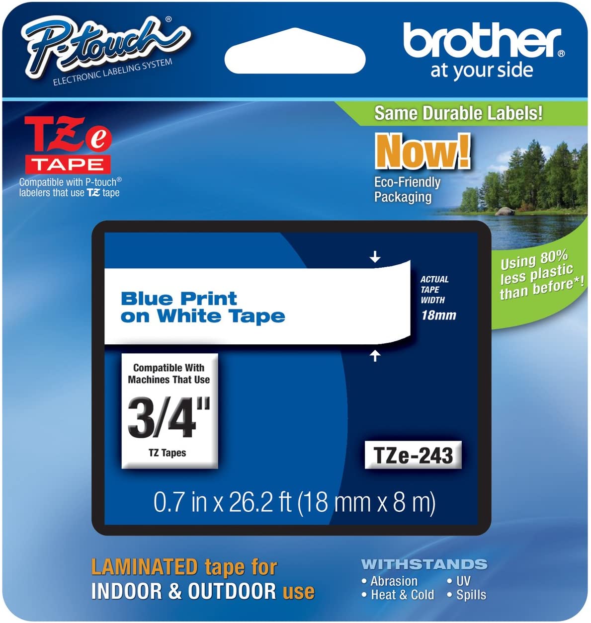 Brother 3/4\" (18 mm) Blue on White TZe P-Touch Tape for Brother PT-1900, PT1900 Label Maker. Laminated tape for indoor and outdoor use. Eco-friendly packaging