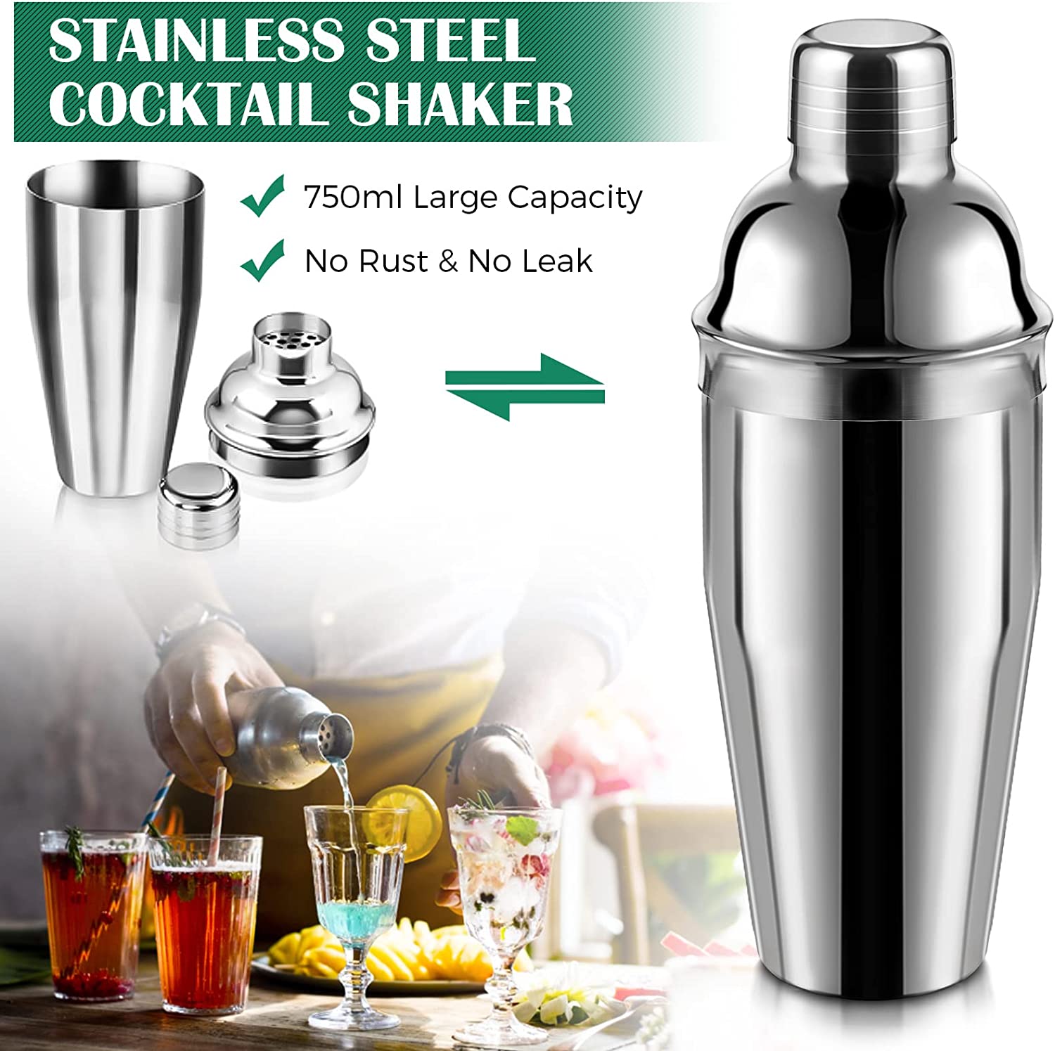 Cocktail Shaker Set Bartender Kit with Bamboo frame and 10 Pieces Stainless Steel Bar Tool Set