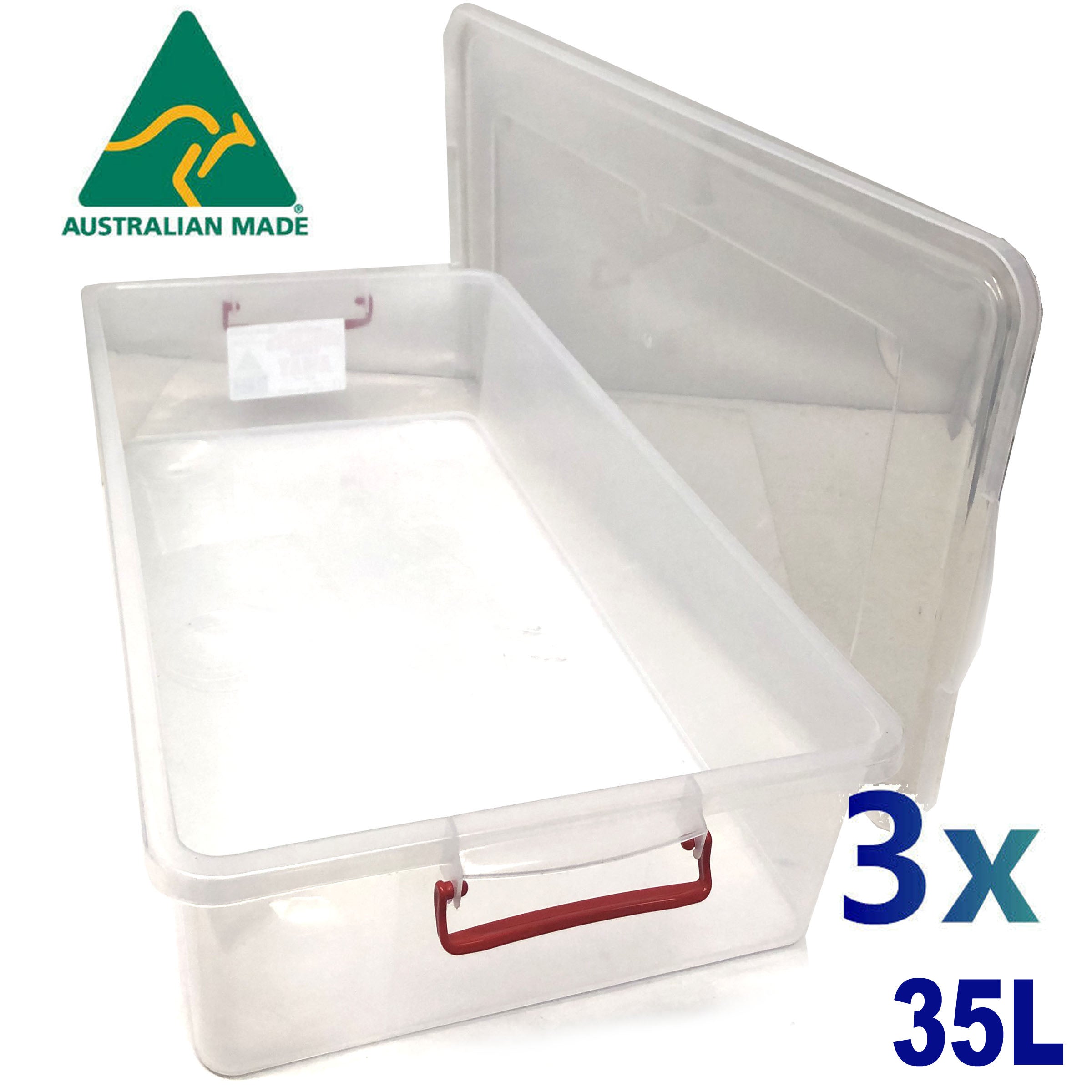 3x 35L Australian Made Premium Underbed Plastic Storage Tub Under Bed Box Large