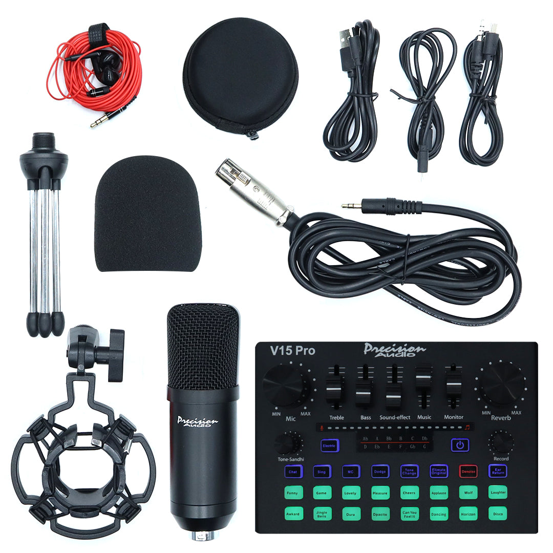 Recording Mic Kit Podcast Microphone Mixer Sound Card Shock Mount Metal Case V15PRO