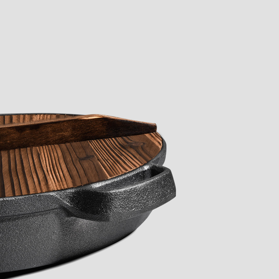 SOGA 33cm Round Cast Iron Pre-seasoned Deep Baking Pizza Frying Pan Skillet with Wooden Lid