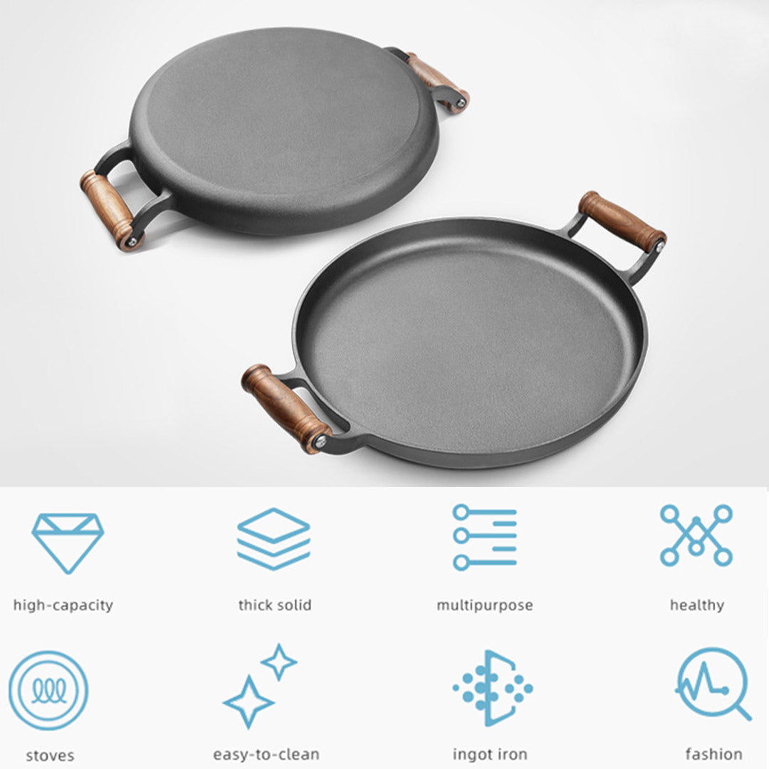 SOGA 31cm Cast Iron Frying Pan Skillet Steak Sizzle Fry Platter With Wooden Handle No Lid