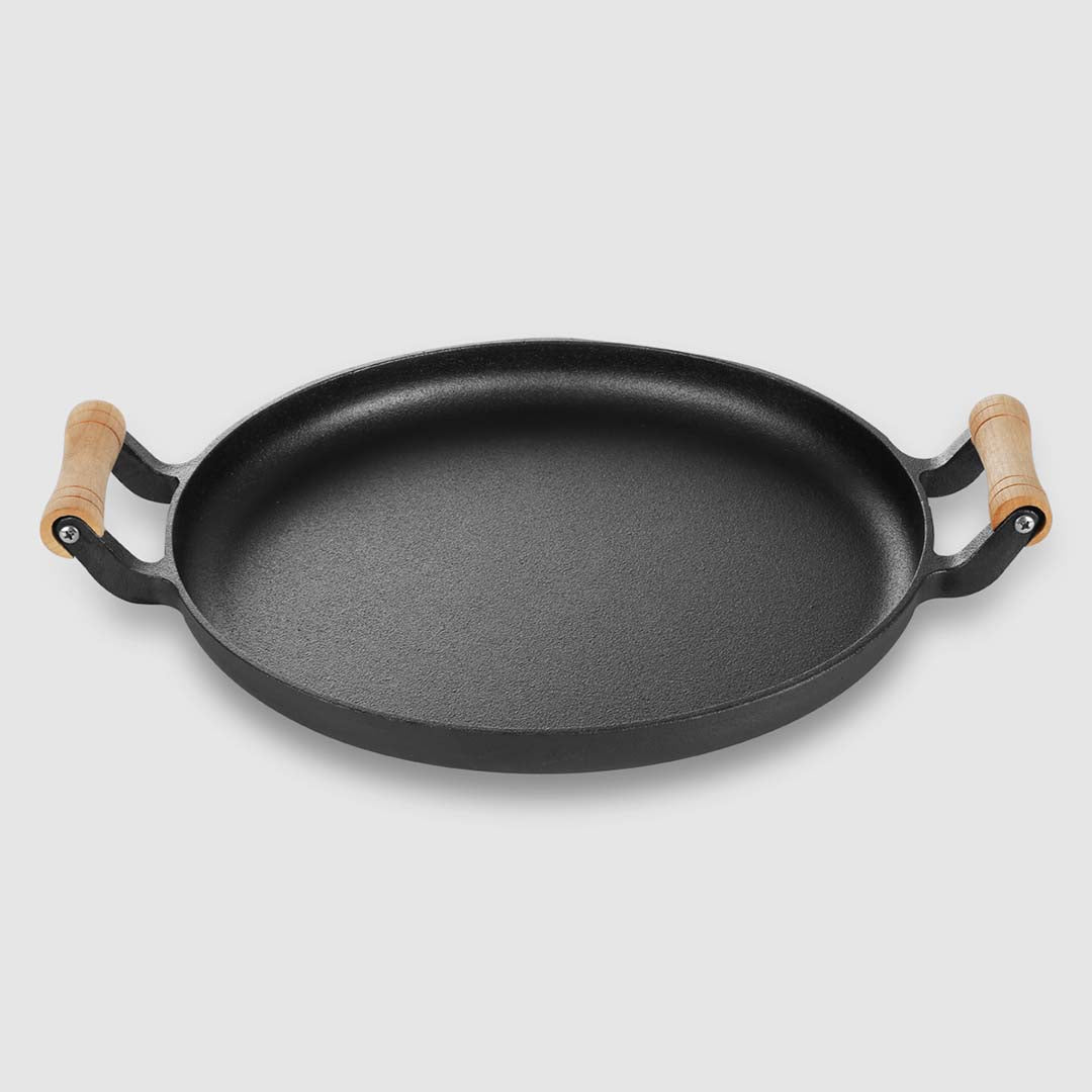SOGA 2X 35cm Cast Iron Frying Pan Skillet Steak Sizzle Fry Platter With Wooden Handle No Lid