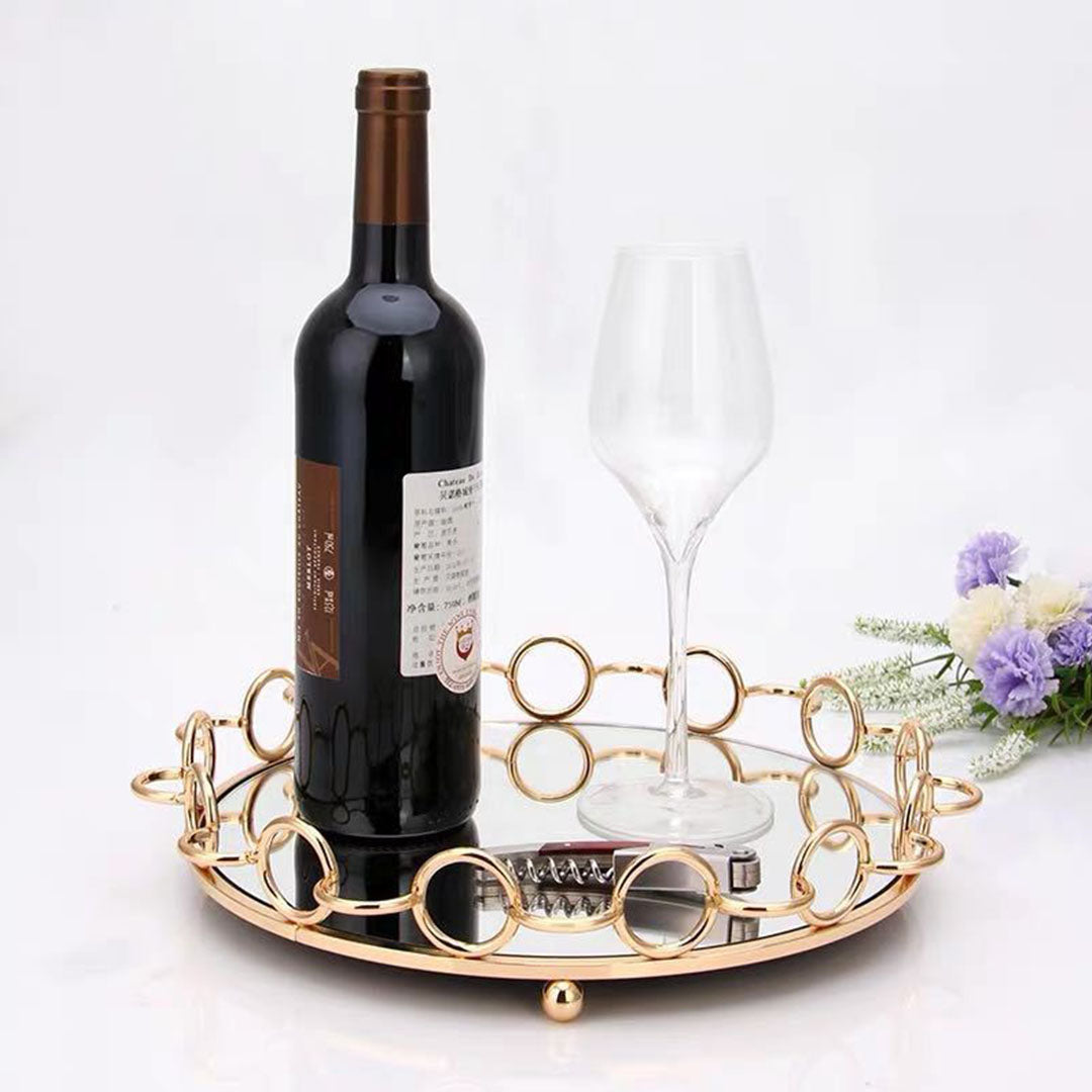 SOGA 38cm Bronze-Colored Round Mirror Glass Metal Tray Vanity Makeup Perfume Jewelry Organiser with Handles