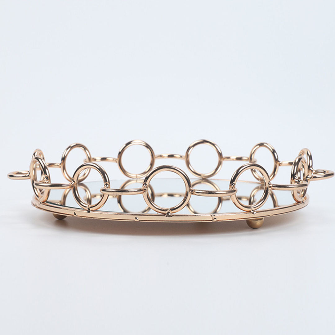 SOGA 38cm Bronze-Colored Round Mirror Glass Metal Tray Vanity Makeup Perfume Jewelry Organiser with Handles