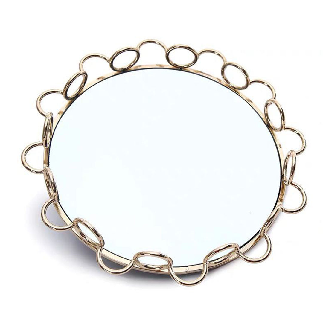 SOGA 38cm Bronze-Colored Round Mirror Glass Metal Tray Vanity Makeup Perfume Jewelry Organiser with Handles