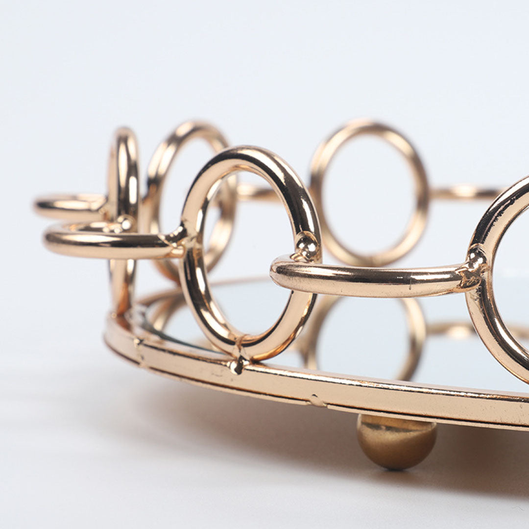 SOGA 38cm Bronze-Colored Round Mirror Glass Metal Tray Vanity Makeup Perfume Jewelry Organiser with Handles