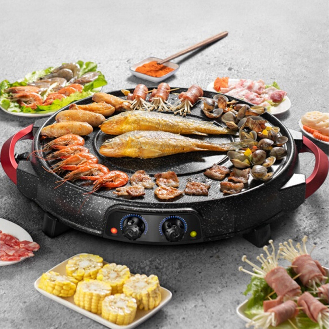 SOGA 2X 2  in 1 Electric Stone Coated Grill Plate Steamboat Two Division Hotpot