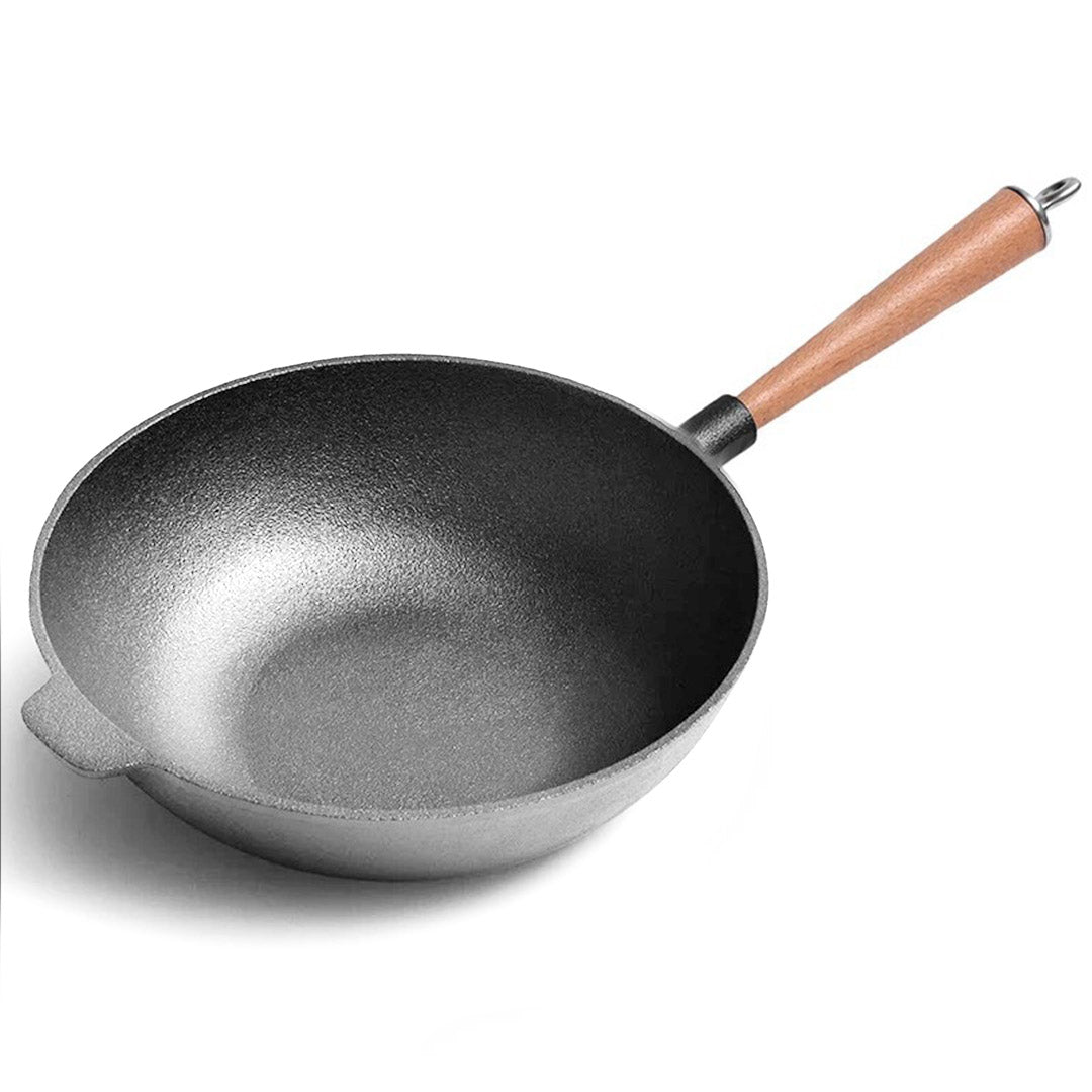 SOGA 2X 31cm Commercial Cast Iron Wok FryPan Fry Pan with Wooden Lid