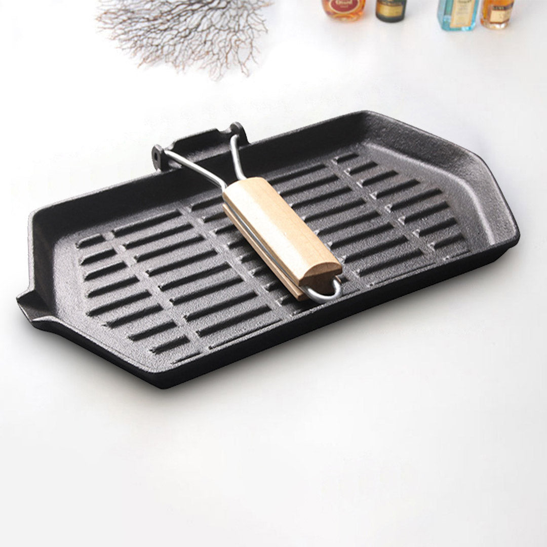 SOGA Rectangular Cast Iron Griddle Grill Frying Pan with Folding Wooden Handle