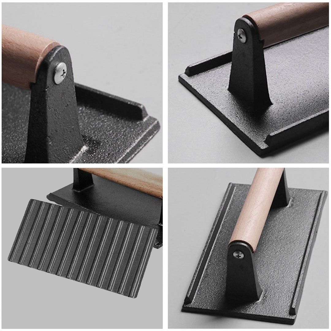 SOGA Cast Iron Bacon Meat Steak Press Grill BBQ with Wood Handle Weight Plate