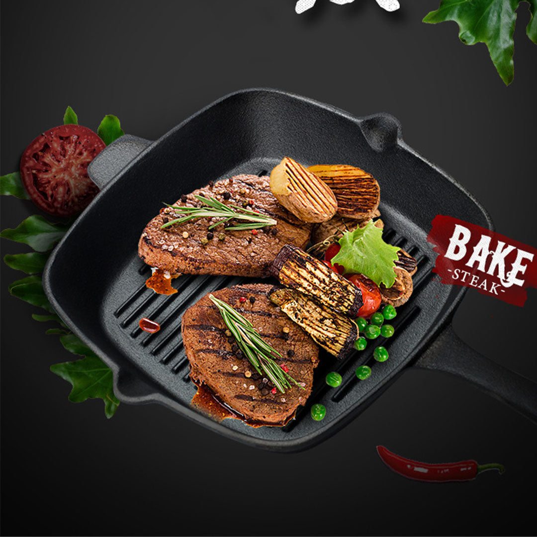 SOGA 2X 26cm Square Ribbed Cast Iron Frying Pan Skillet Steak Sizzle Platter with Handle