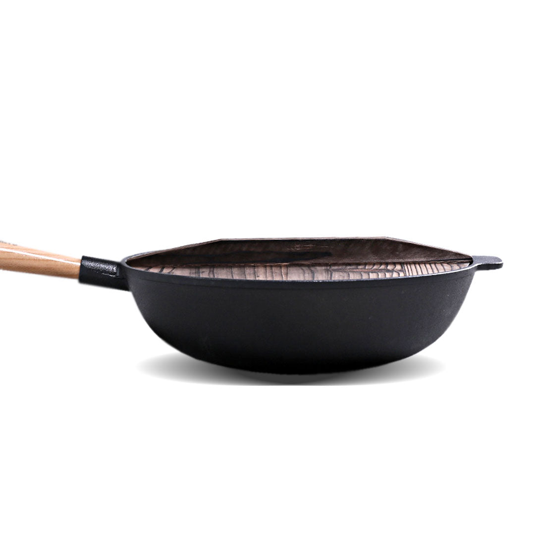 SOGA 2X 31cm Commercial Cast Iron Wok FryPan Fry Pan with Wooden Lid