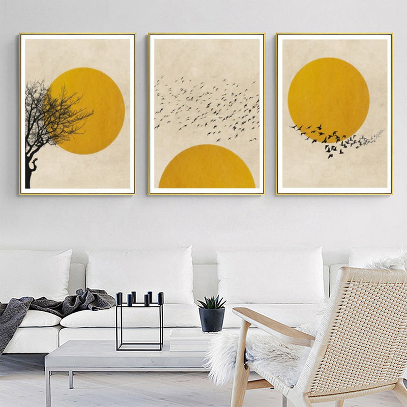 50cmx70cm Flock Of Birds Sun Silhouette 3 Sets Gold Frame Canvas Wall Art