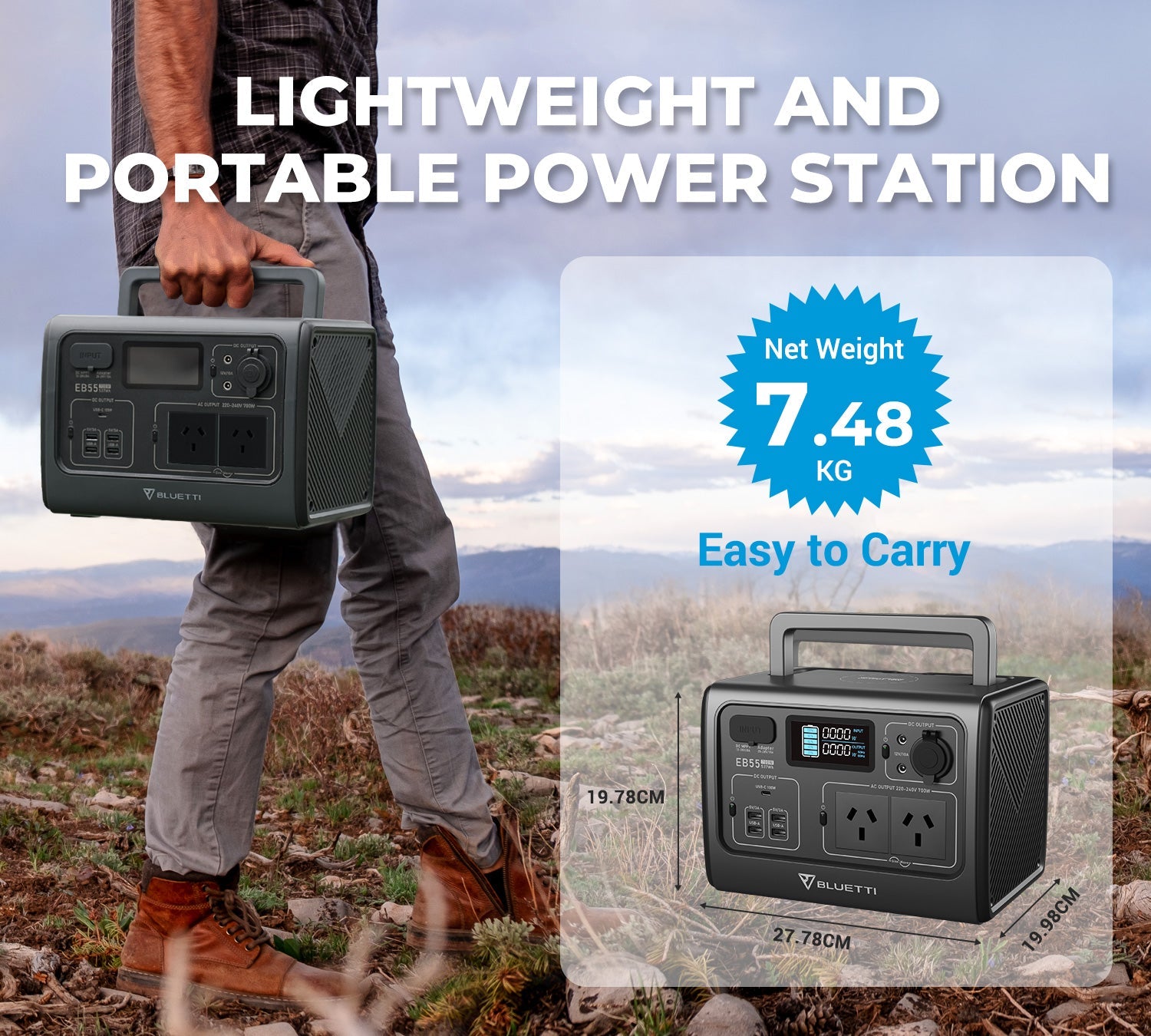 Bluetti EB55 Portable Power Station 700W/537Wh LiFePO4 Battery Backup AU Plug for Home Emergency Outdoor Camping Blue