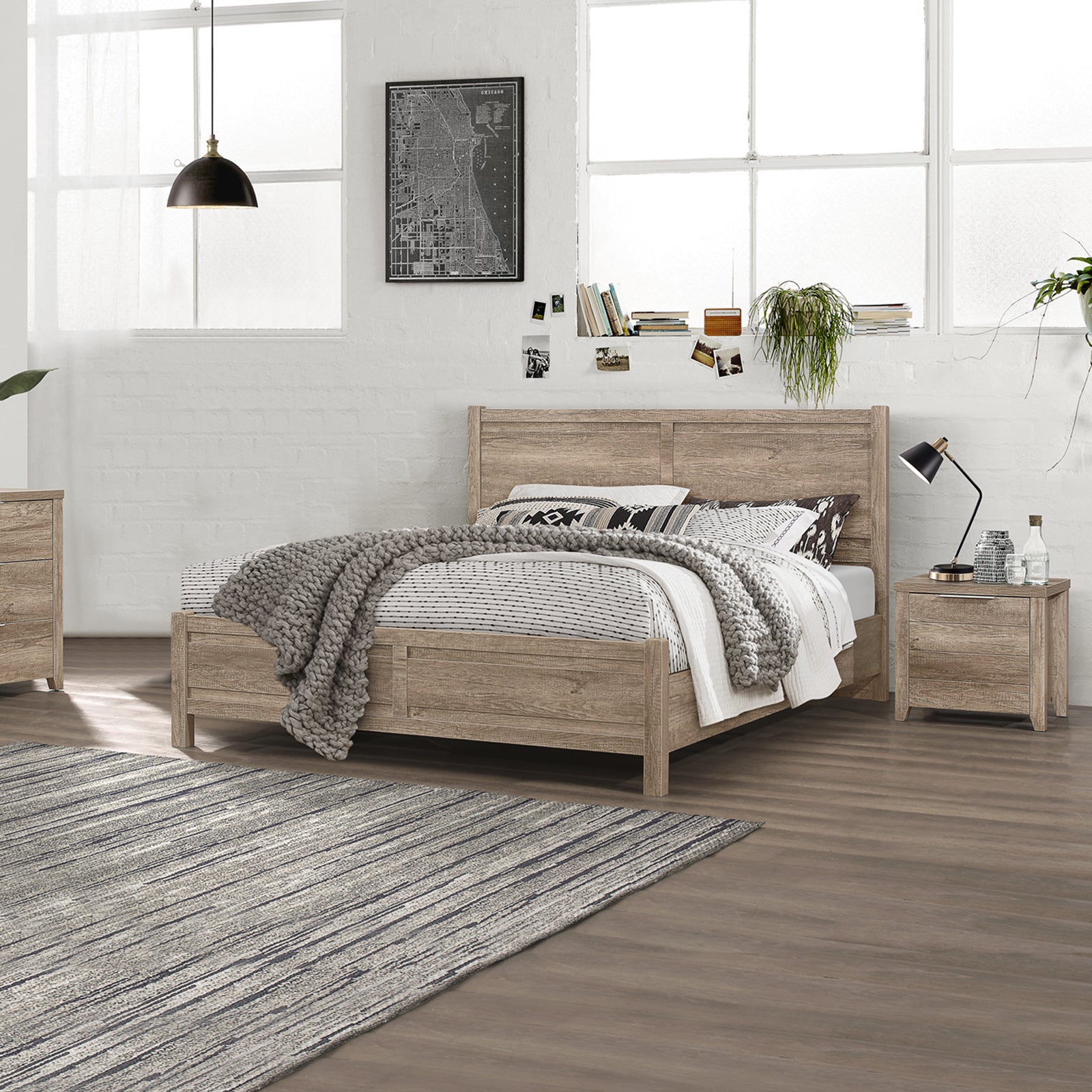 Alice 3 Pieces Bedroom Suite Natural Wood Like MDF Structure Double Size Oak Colour Bed, Bedside Table