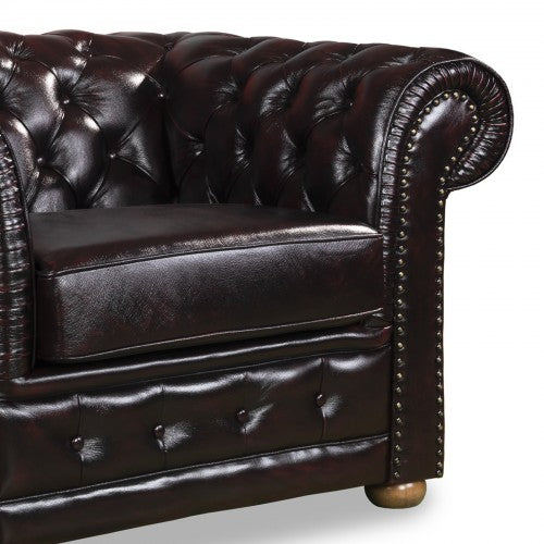 1 Seater Genuine Leather Upholstery Deep Quilting Pocket Spring Button Studding Sofa Lounge Set for Living Room Couch In Burgundy Colour