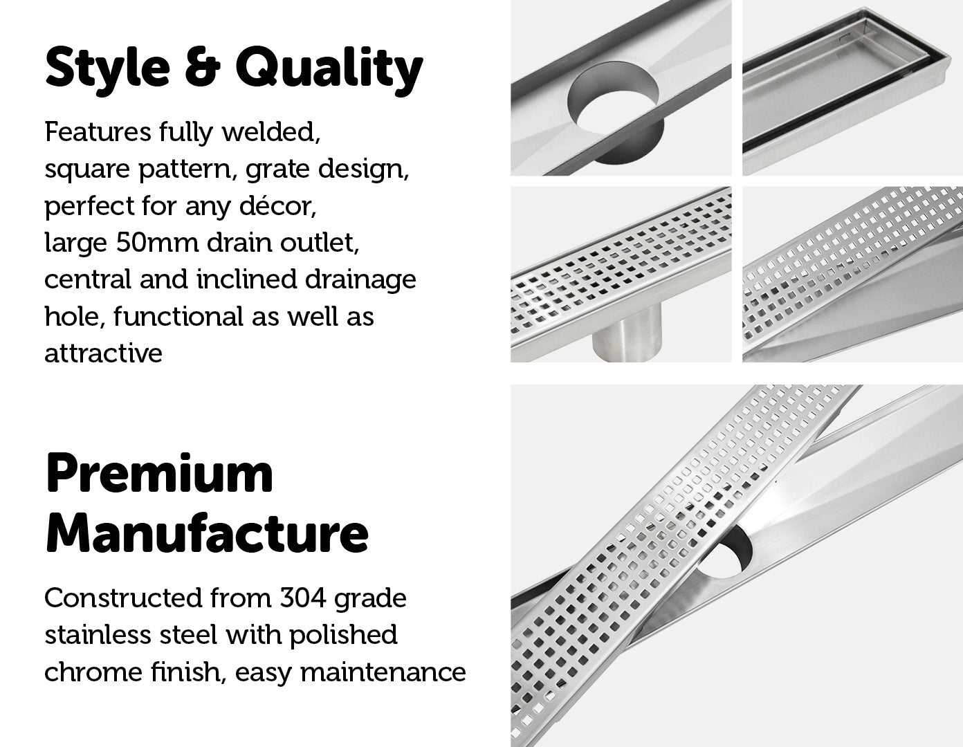 800mm Bathroom Shower Stainless Steel Grate Drain w/Centre outlet Floor Waste