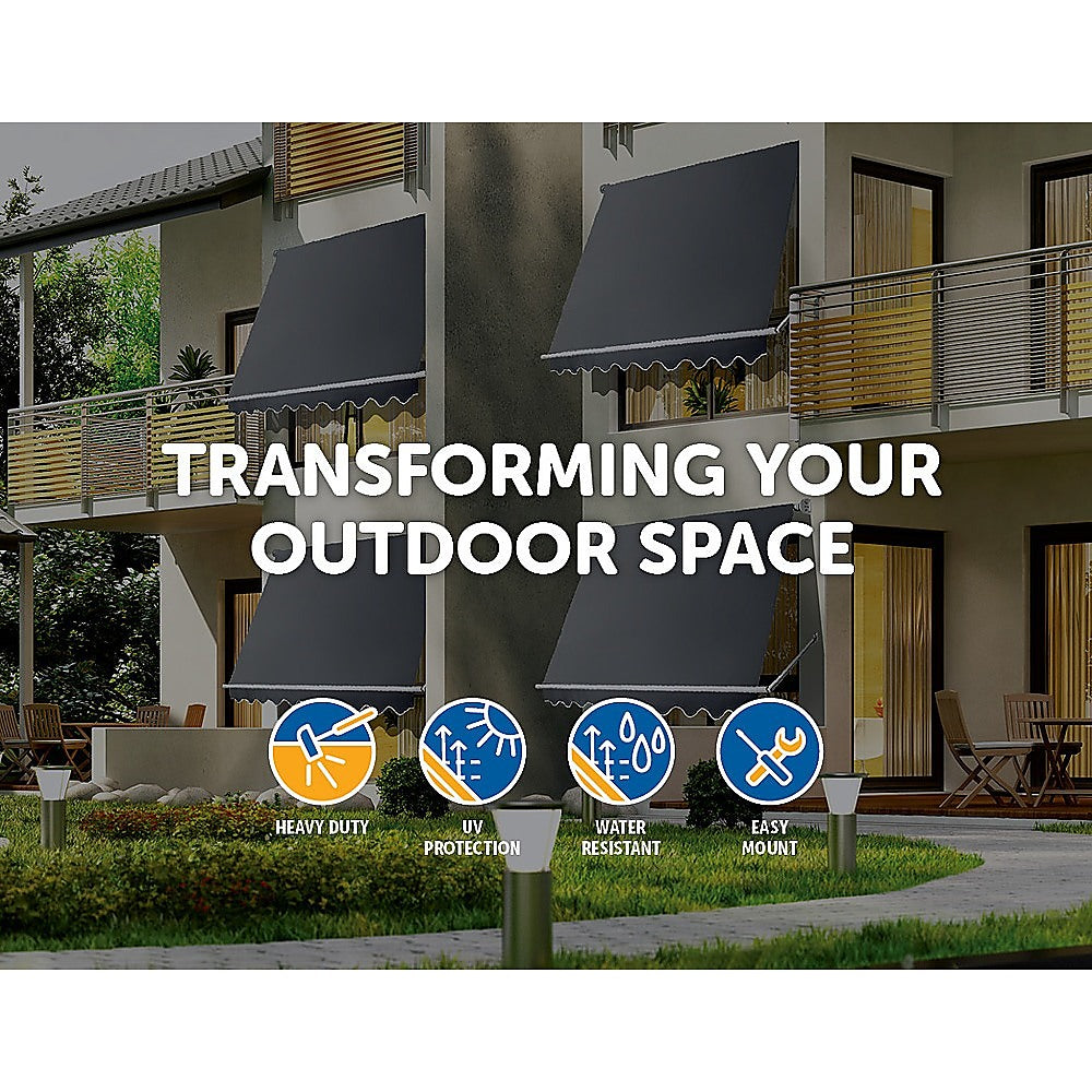 Retractable Fixed Pivot Arm Window Awning Patio Garden Blinds 2.4m x 2.1m Grey