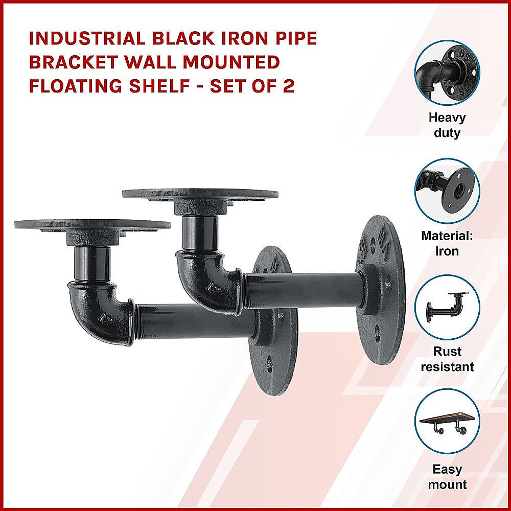Industrial Black Iron Pipe Bracket Wall Mounted Floating Shelf  - Set of 2