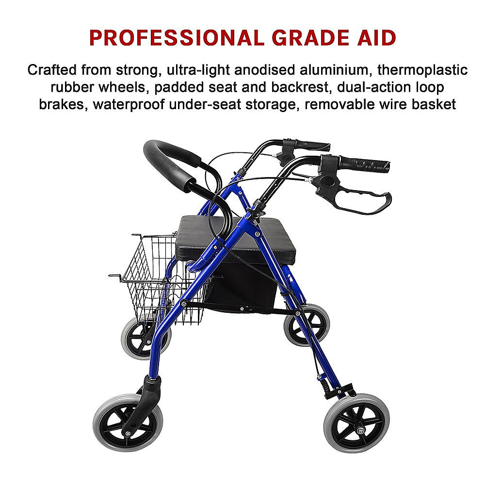 Rollator Walker Walking Frame With Wheels Zimmer Mobility Aids Seat Blue