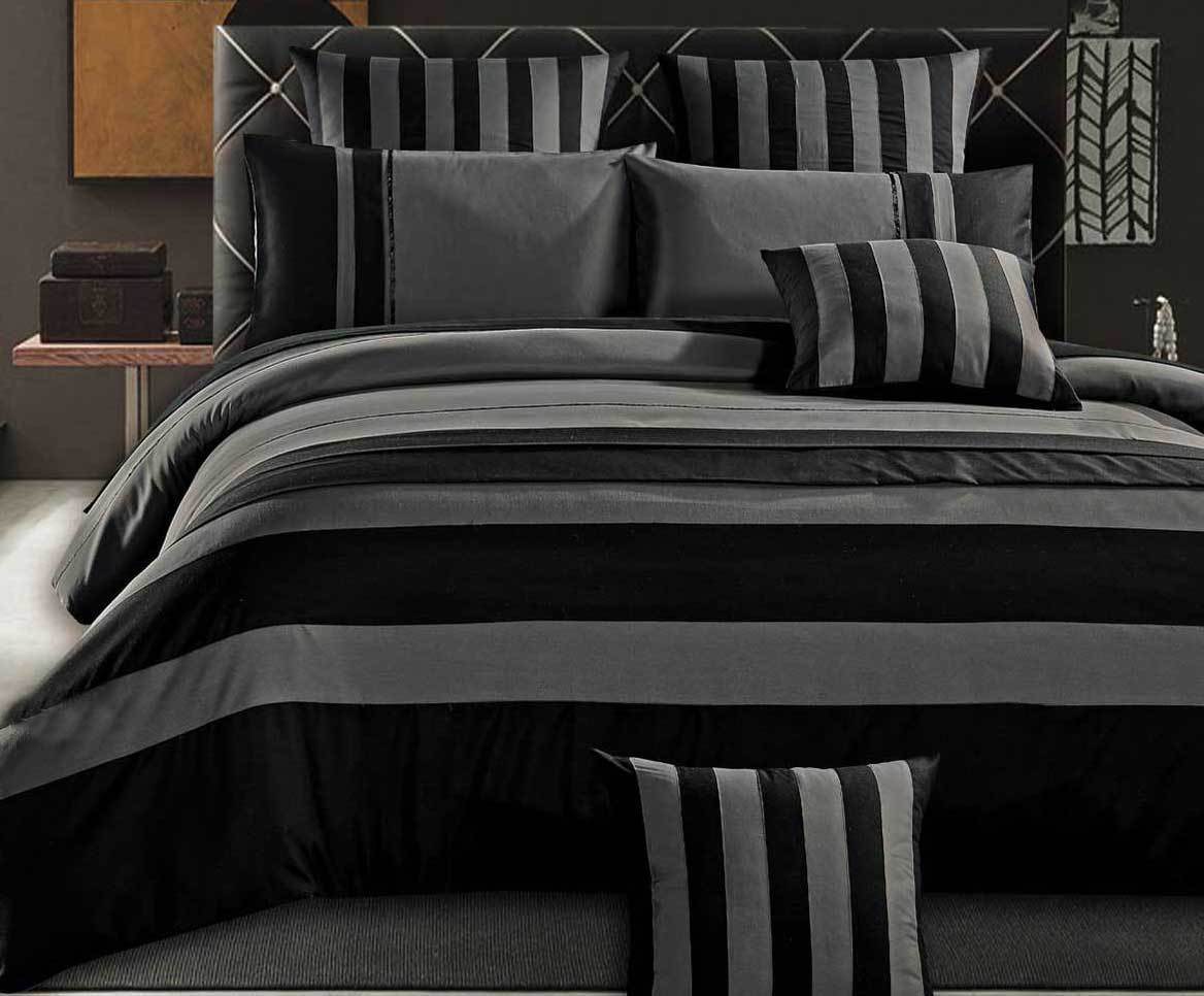 Luxton Queen Size Grey Black Sriped Quilt Cover Set(3PCS)